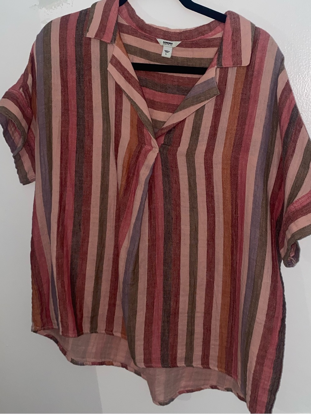 Striped Short Sleeve Tunic in Rose, Olive & Cream - Lightweight Casual Top